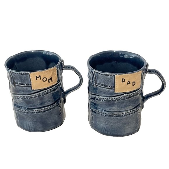 Unbranded Other - Vintage Blue Jean Denim Mug Mom & Dad Set of 2 3D Ceramic Pottery Coffee Tea Cup
